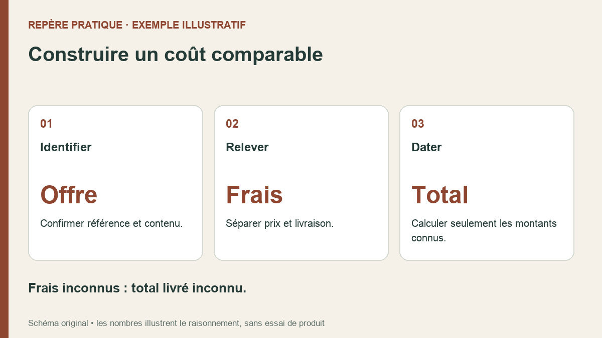 Schéma budgétaire pour un outil de jardin : confirmer l’offre, relever séparément les frais et dater le total calculé.